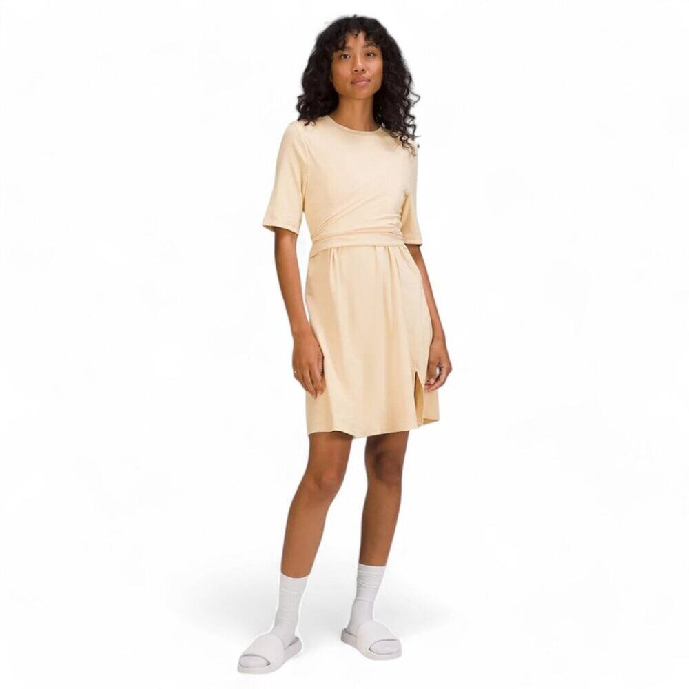 Lululemon Cotton Wrap Front T-Shirt Dress Beige Short Sleeve Mini Tie Front Sz 6